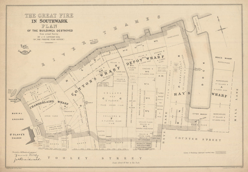 The Great Fire in Southwark… Buildings Destroyed. Tooley Street. WELLER 1865 map