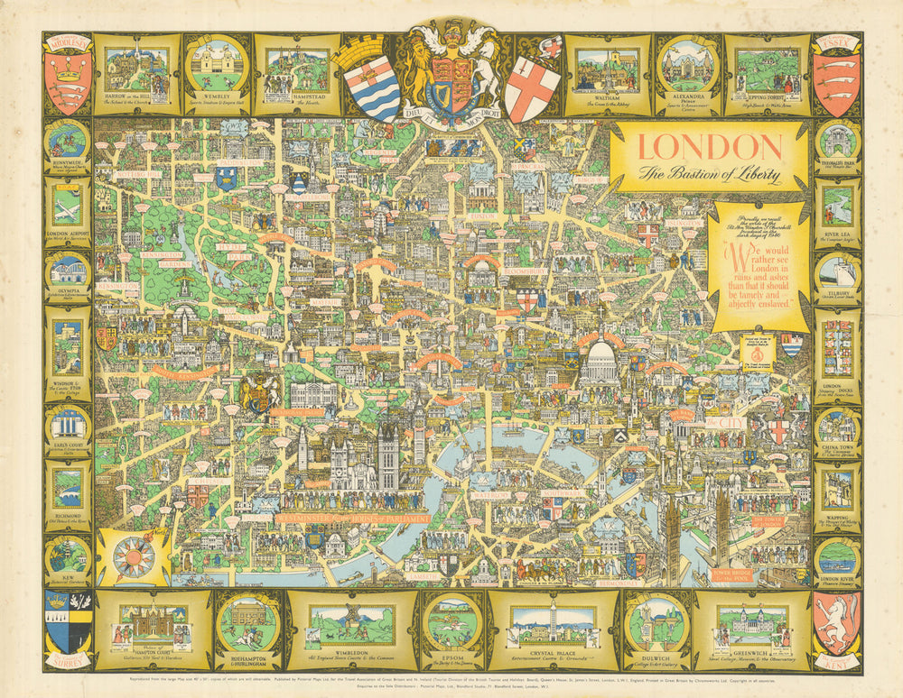 London - The Bastion of Liberty. Pictorial map by Kerry Lee c1946 old