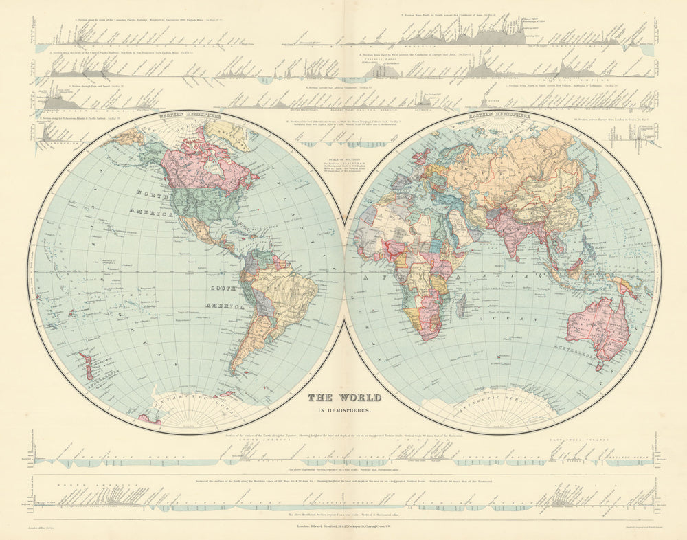 World In Hemispheres with Continental sections. Large 61x49cm. STANFORD 1896 map
