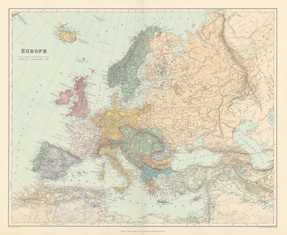 Europe. Great Powers. Austria-Hungary Russia Turkey. 53x64cm. STANFORD 1896 map