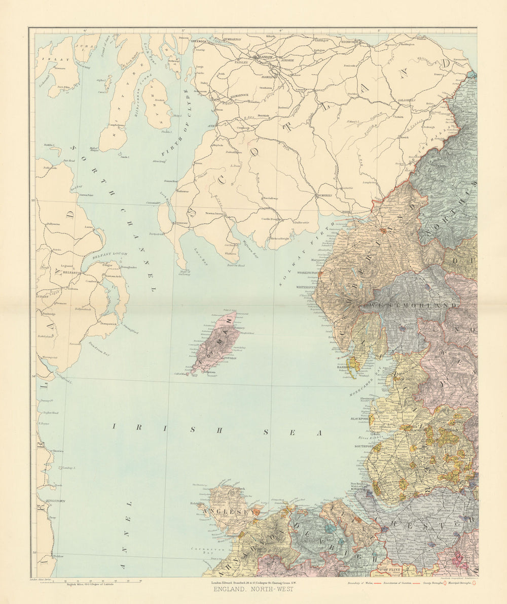 North west England & North Wales. Isle of Man. Large 62x50cm. STANFORD 1896 map