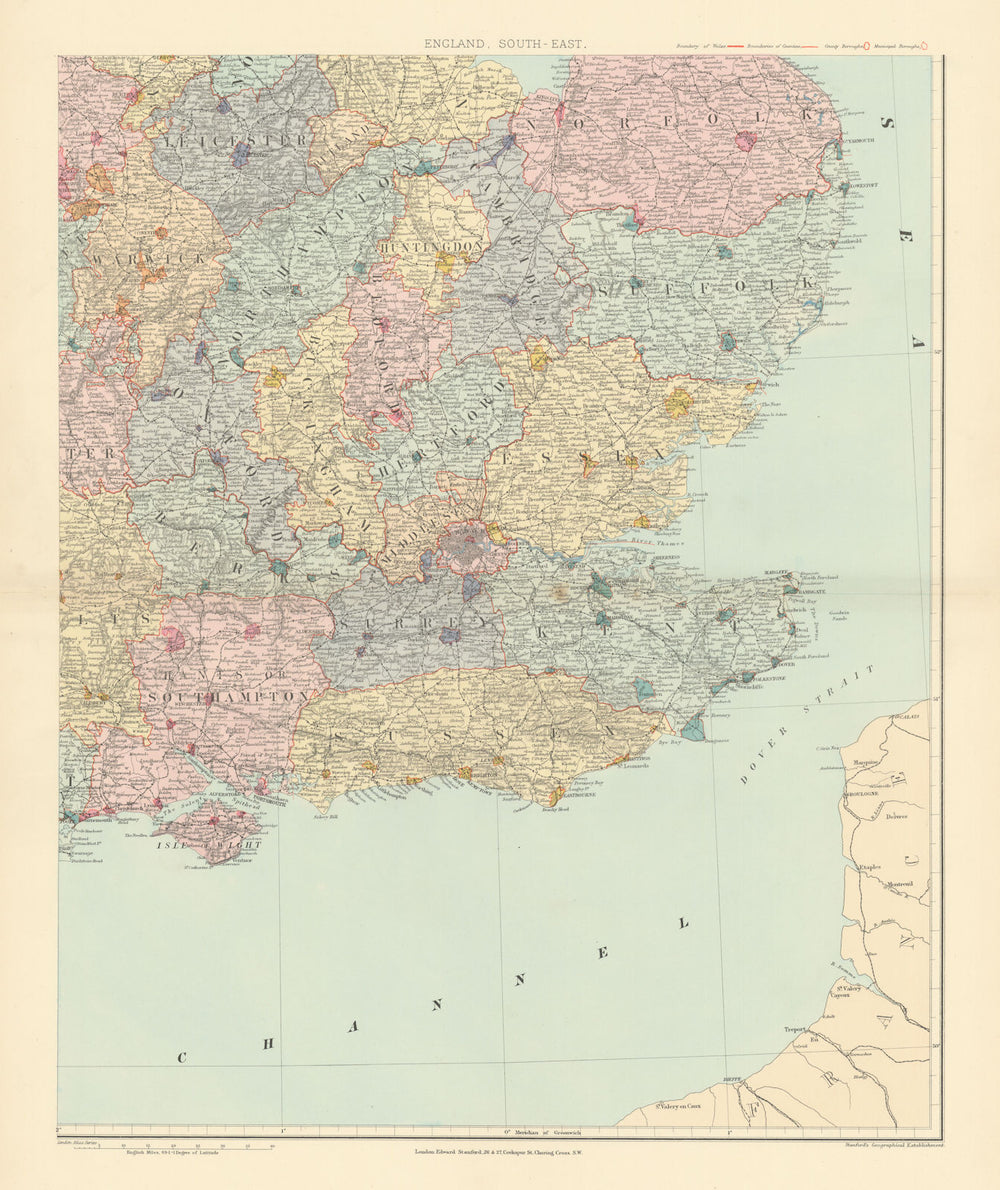 South east England. Counties & boroughs. Large 62x50cm. STANFORD 1896 old map