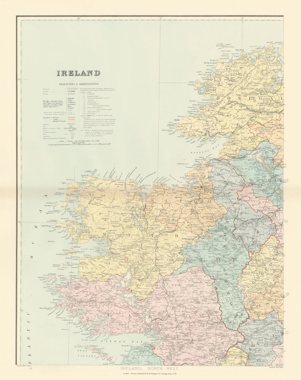 Ireland north-west. Connacht Mayo Galway Roscommon Leitrim. STANFORD 1896 map