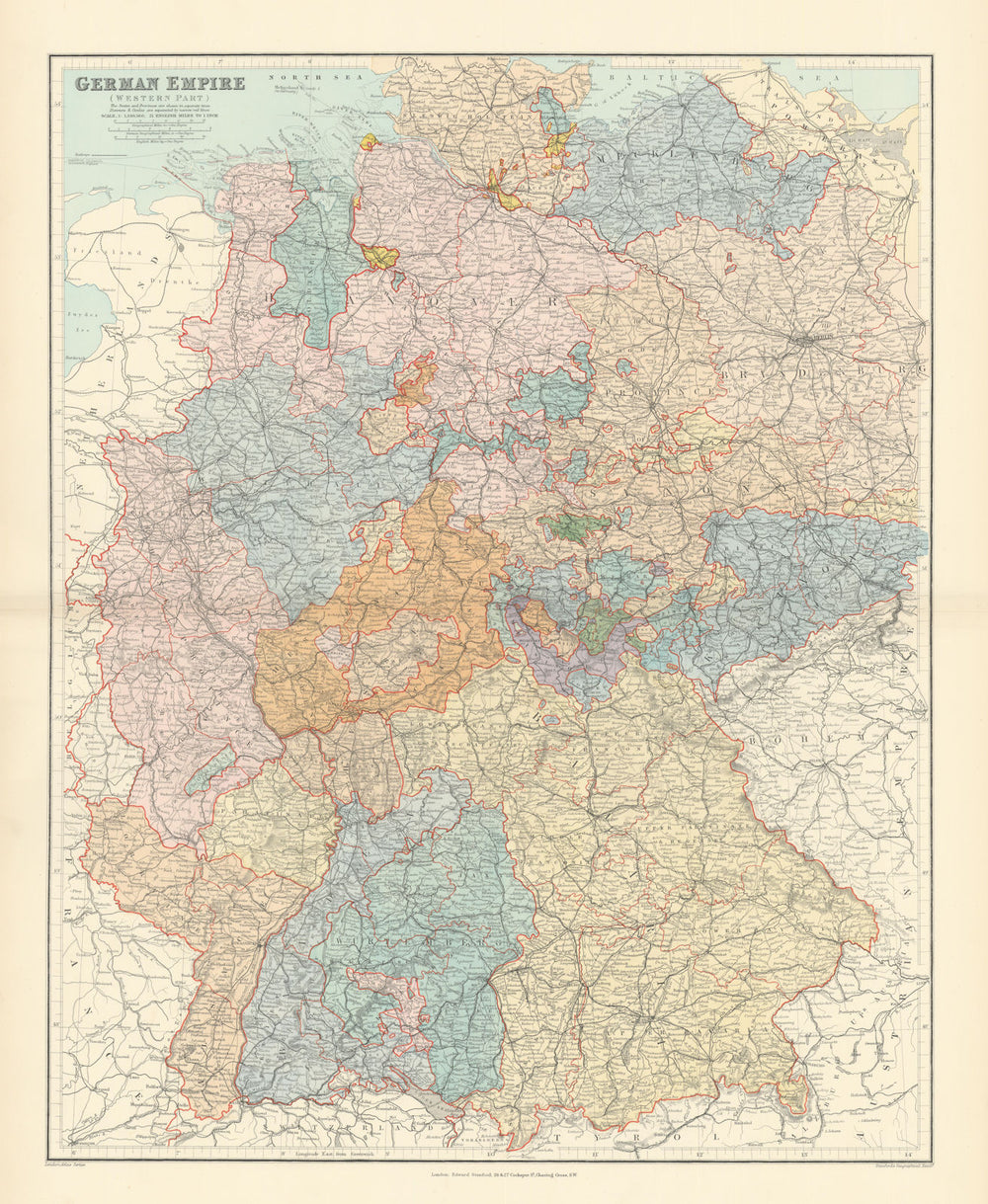 German Empire west. Germany w/ Alsace Lorraine. 65x52cm. STANFORD 1896 old map