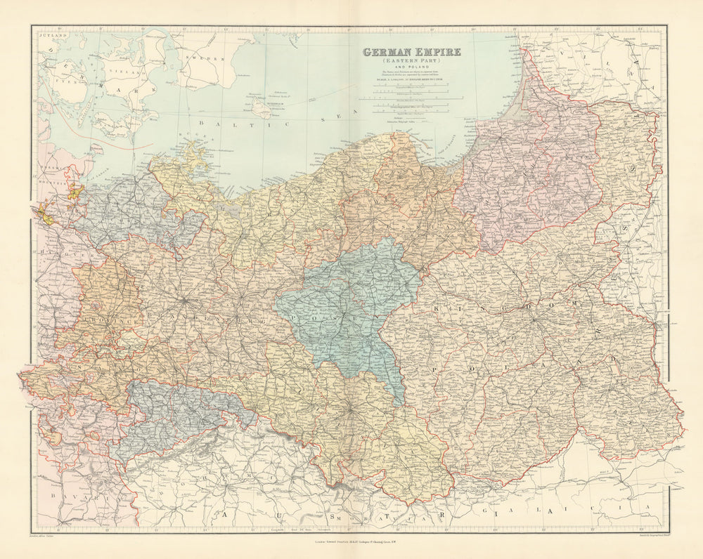 German Empire (eastern part) and Poland. Large 66x52cm. STANFORD 1896 old map