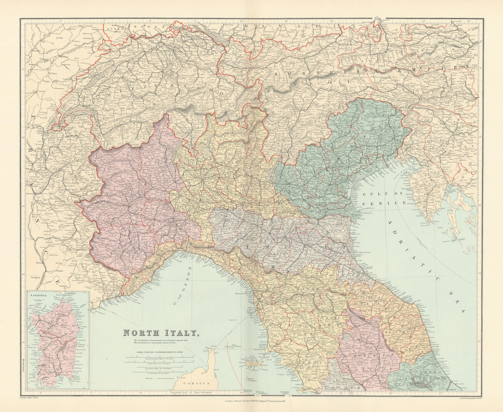 North Italy. w/o Trieste Tyrol. Lombardy Piedmont Veneto &c. STANFORD 1896 map