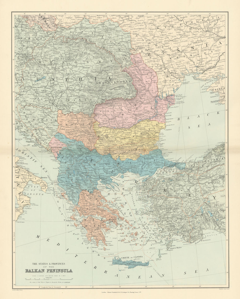 BALKAN PENINSULA Greece Austria Rumili Servia Turkey Romania STANFORD 1896 map