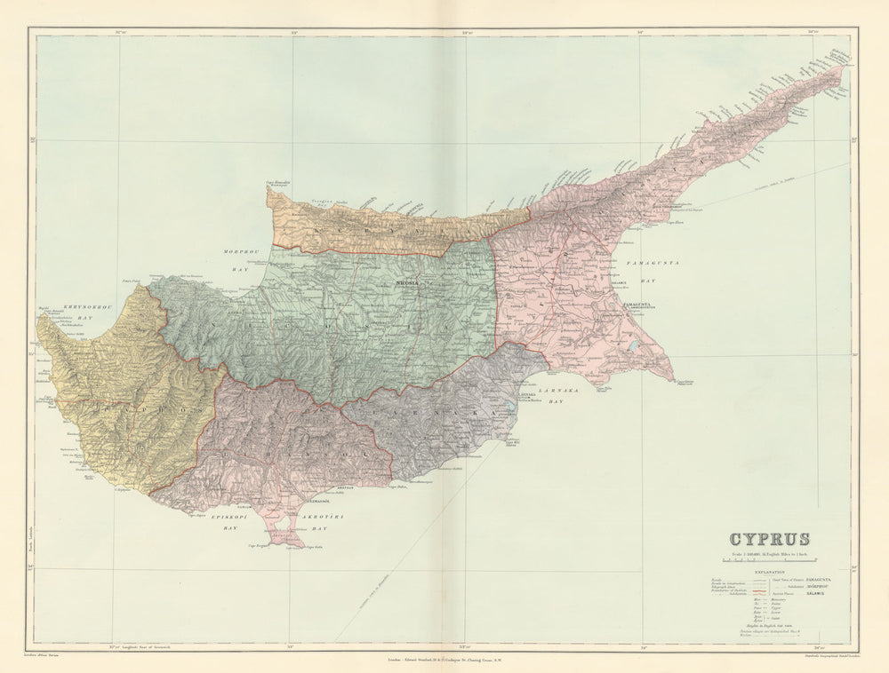 Cyprus. Districts. Ancient sites. Large 51x66cm. STANFORD 1896 old antique map