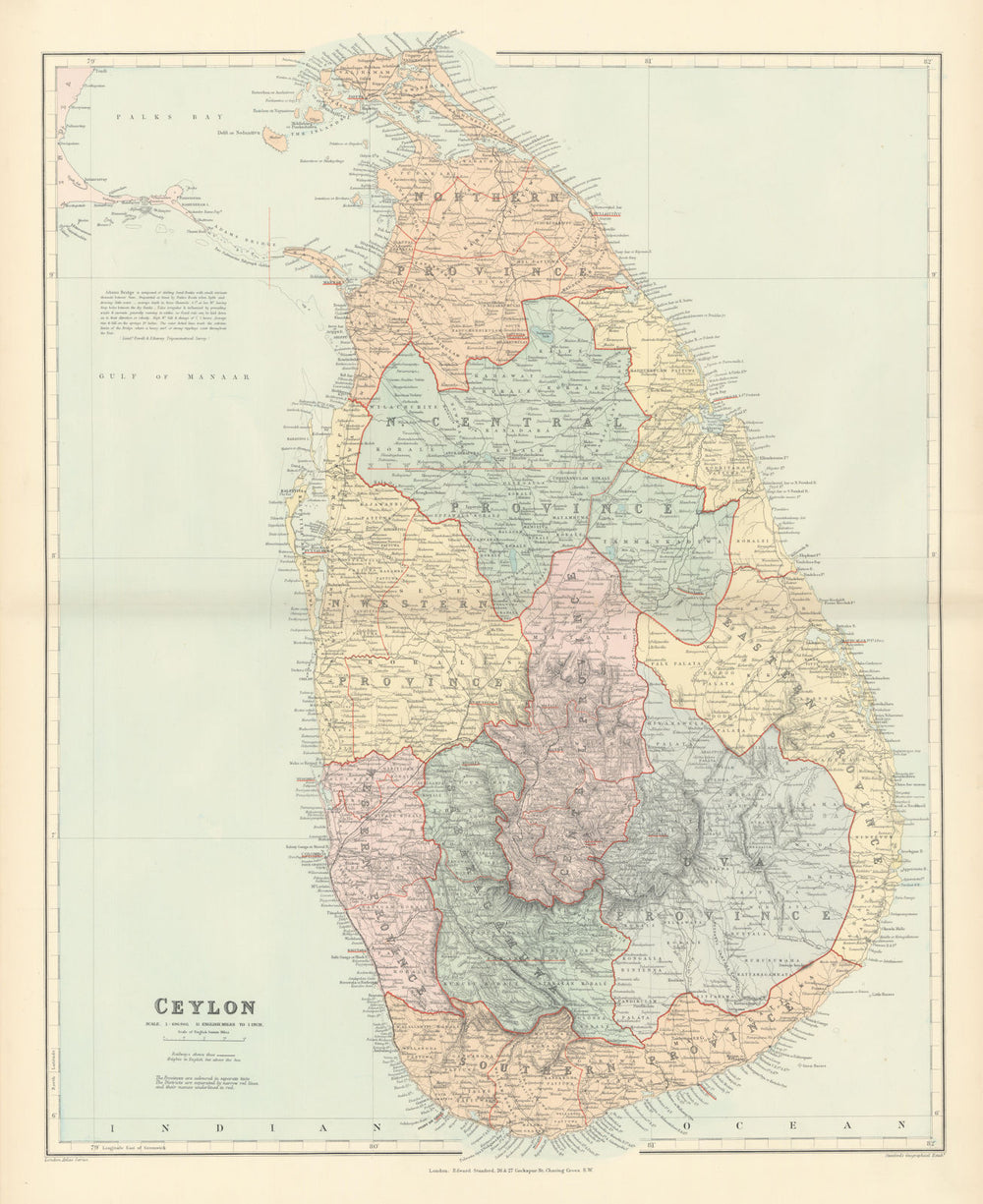 Ceylon. Sri Lanka. Provinces & railways. Large 66x53cm. STANFORD 1896 old map