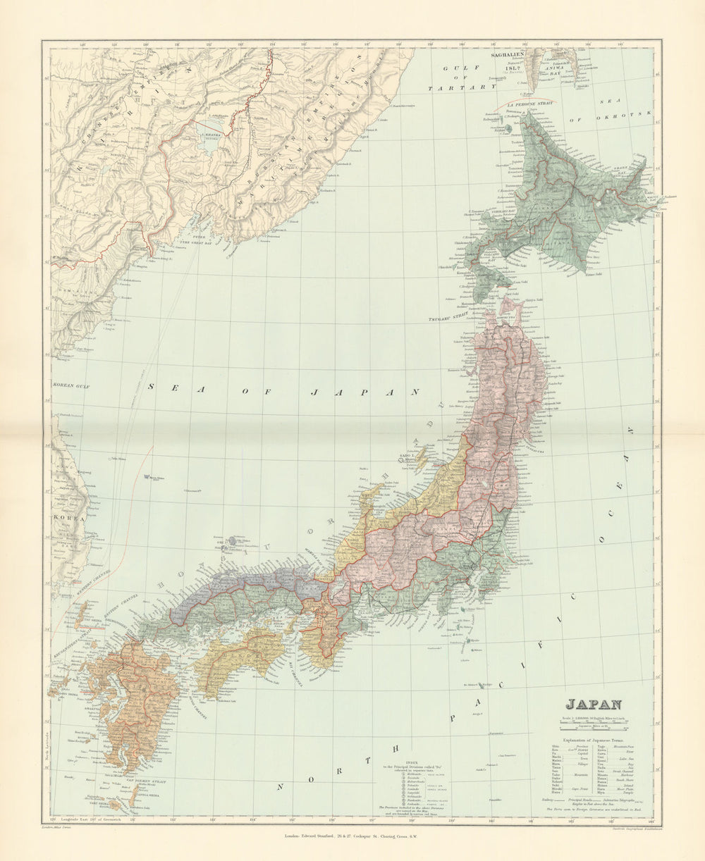 The Islands of Japan, in Provinces/prefectures. 65x52cm. STANFORD 1896 old map