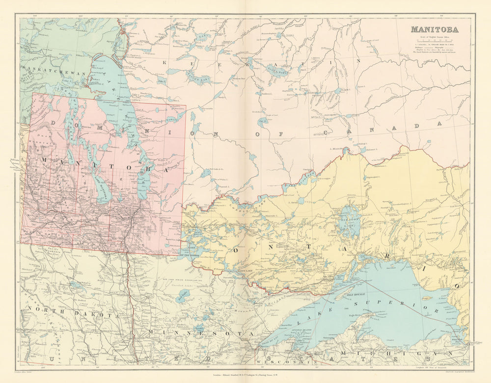 Manitoba. West Ontario, Lake Superior & Winnipeg. Canada. STANFORD 1896 map