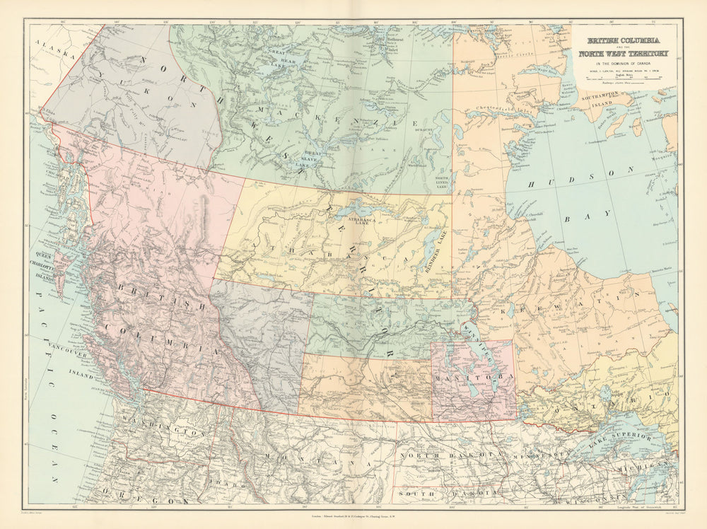 British Columbia & Northwest Territory. Manitoba Canada. STANFORD 1896 old map