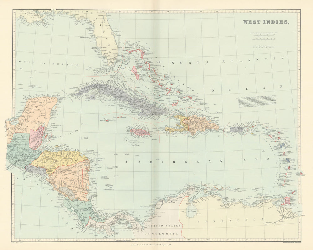 West Indies Islands & Central America. Caribbean. STANFORD 1896 old map