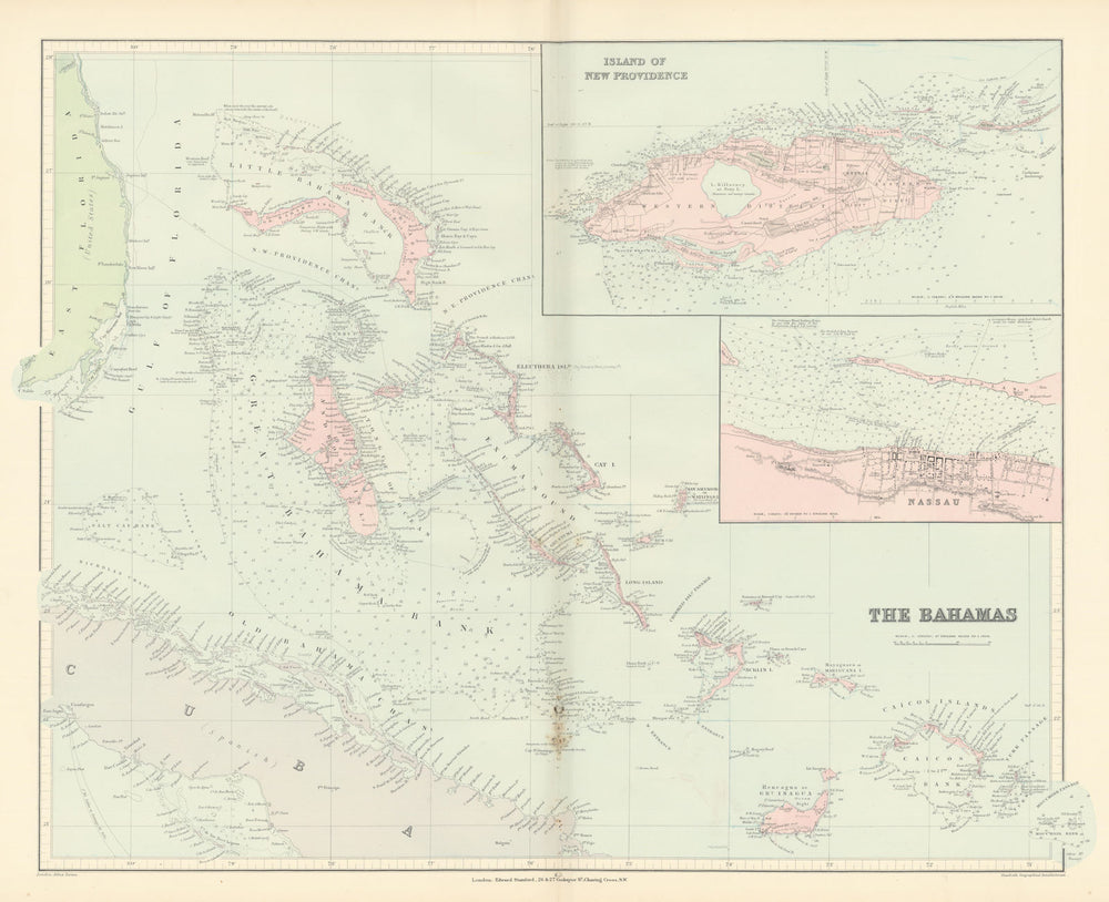 Bahamas. Turks & Caicos. New Providence. Nassau plan. 53x67cm. STANFORD 1896 map