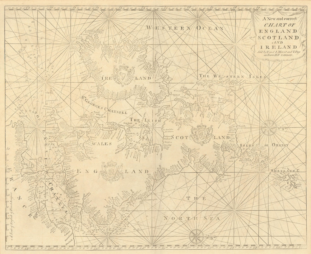 A New and Correct Chart of England, Scotland and Ireland. MOUNT & PAGE 1758 map