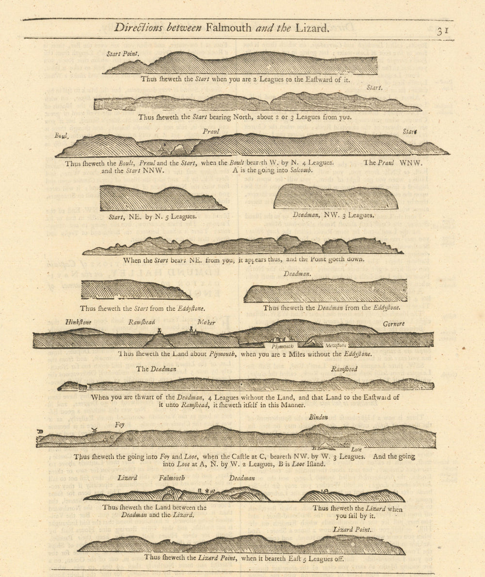 Devon Cornwall coast profile Salcombe Plymouth Fowey Lizard. MOUNT/PAGE 1758 map