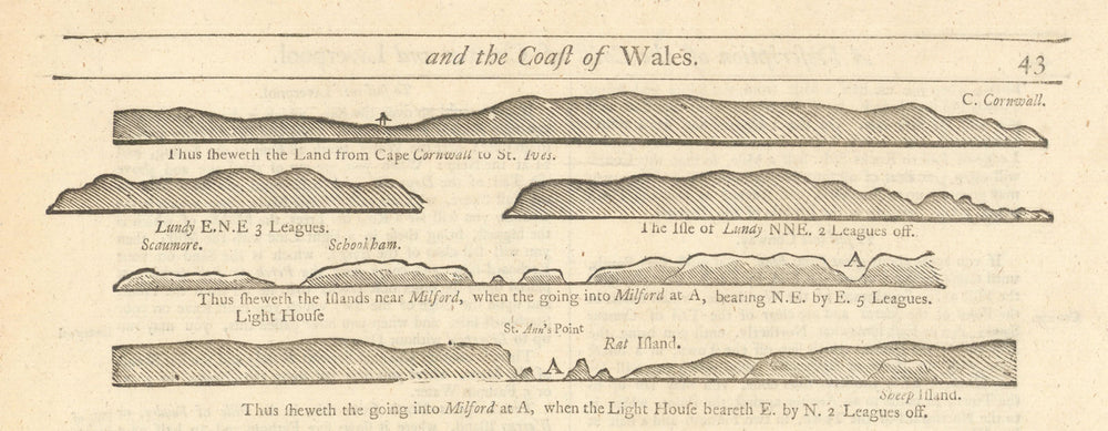 S Wales/Cornwall coast profile St Ives Lundy Milford Haven MOUNT & PAGE 1758 map