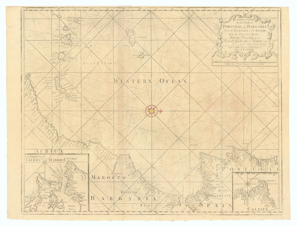 Chart of the Coast of Portugal & Barbaria... Canarie Isles MOUNT & PAGE 1758 map