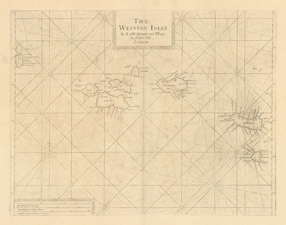 The Western Isles. Antique sea chart of the Azores. MOUNT & PAGE 1758 old map