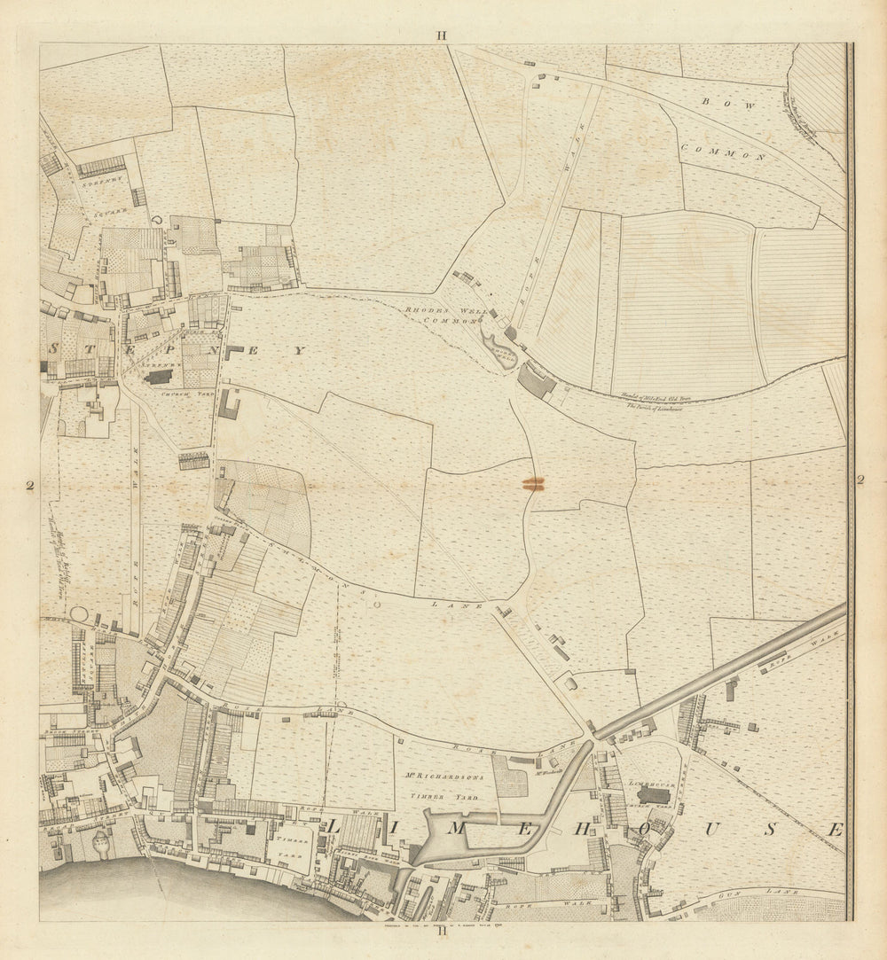 Horwood London H2 Stepney Limehouse Ratcliff Commercial Road 1799 old map