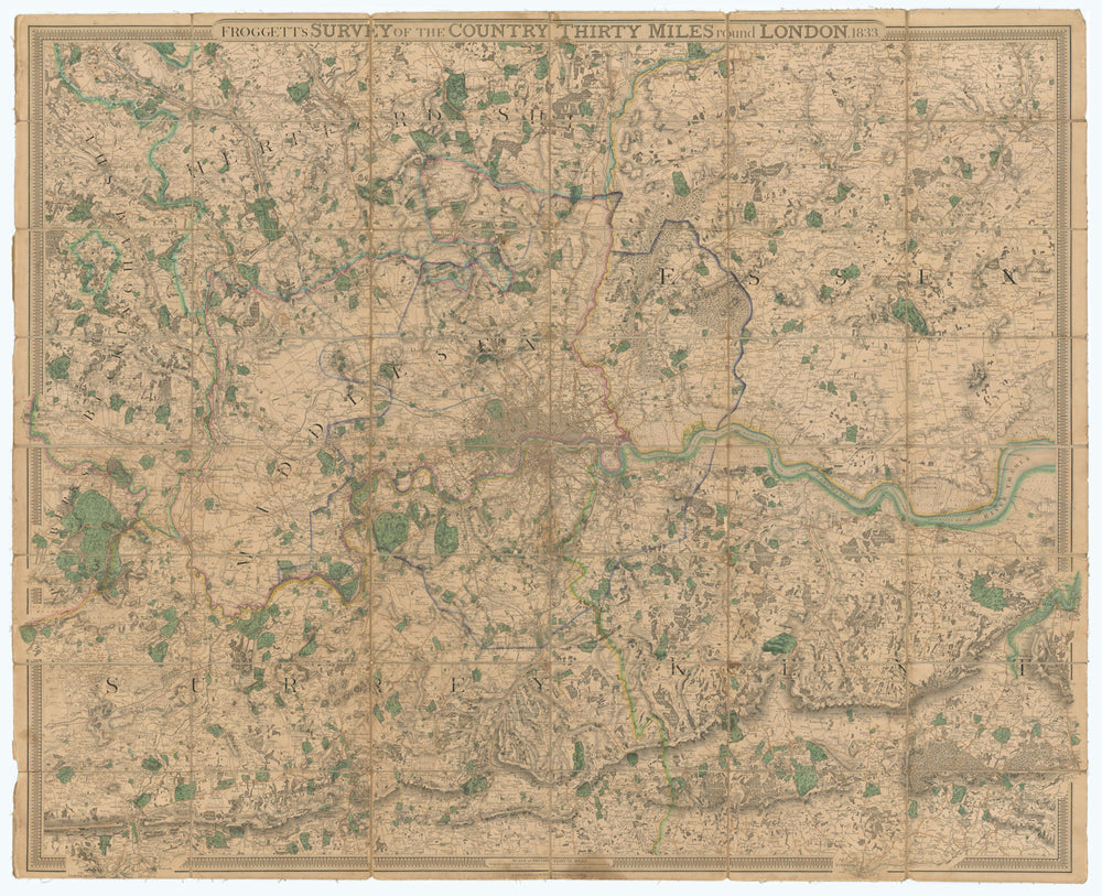 Froggett's Survey of the country thirty miles round London 1833 old map
