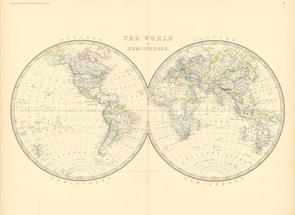 The World in Twin Hemispheres 50x60cm. JOHNSTON 1876 old antique map chart