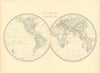 The World in Twin Hemispheres 50x60cm. JOHNSTON 1876 old antique map chart