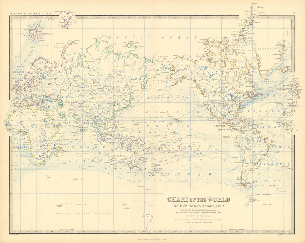 The World on Mercator's Projection. Steamer routes 50x60cm. JOHNSTON 1876 map