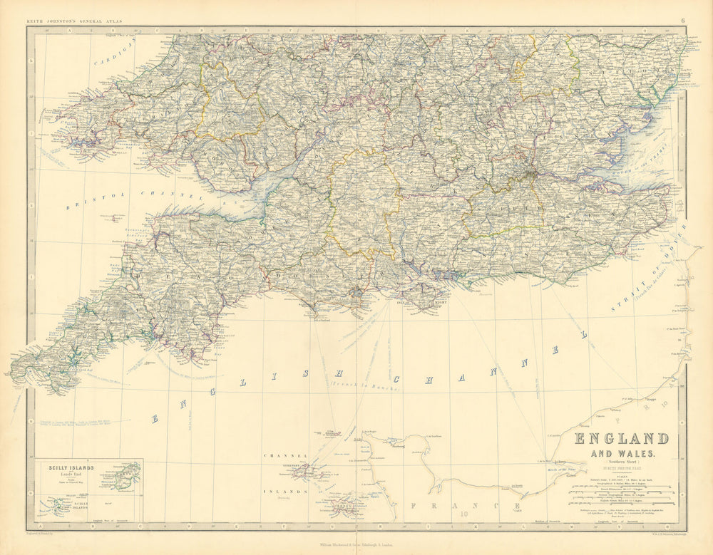 England & Wales (South) Scilly Islands English Channel 50x60cm JOHNSTON 1876 map