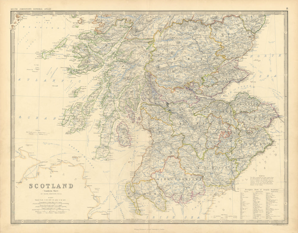 Scotland (Southern Sheet) 50x60cm. JOHNSTON 1876 old antique map plan chart