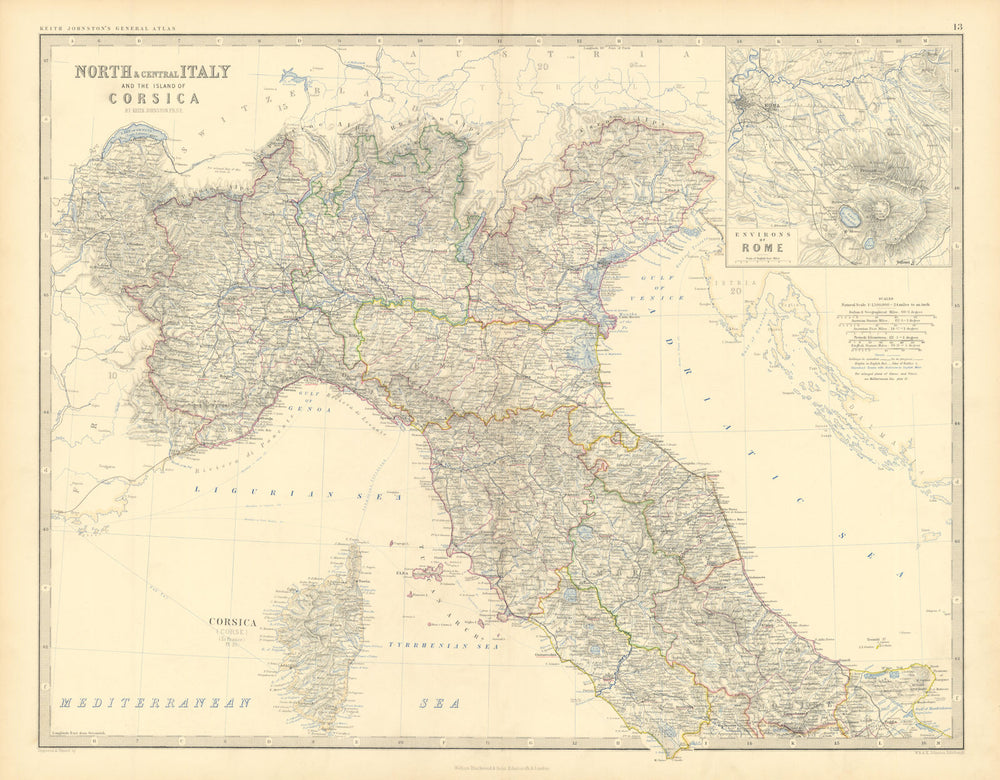 North/Central Italy & Corsica. Savoie. Rome Environs. 50x60cm. JOHNSTON 1876 map
