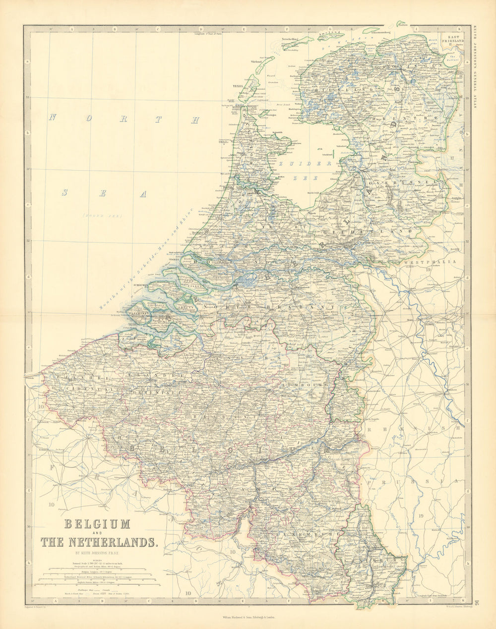 Belgium, Netherlands & Luxembourg. Benelux. Large 50x60cm. JOHNSTON 1876 map