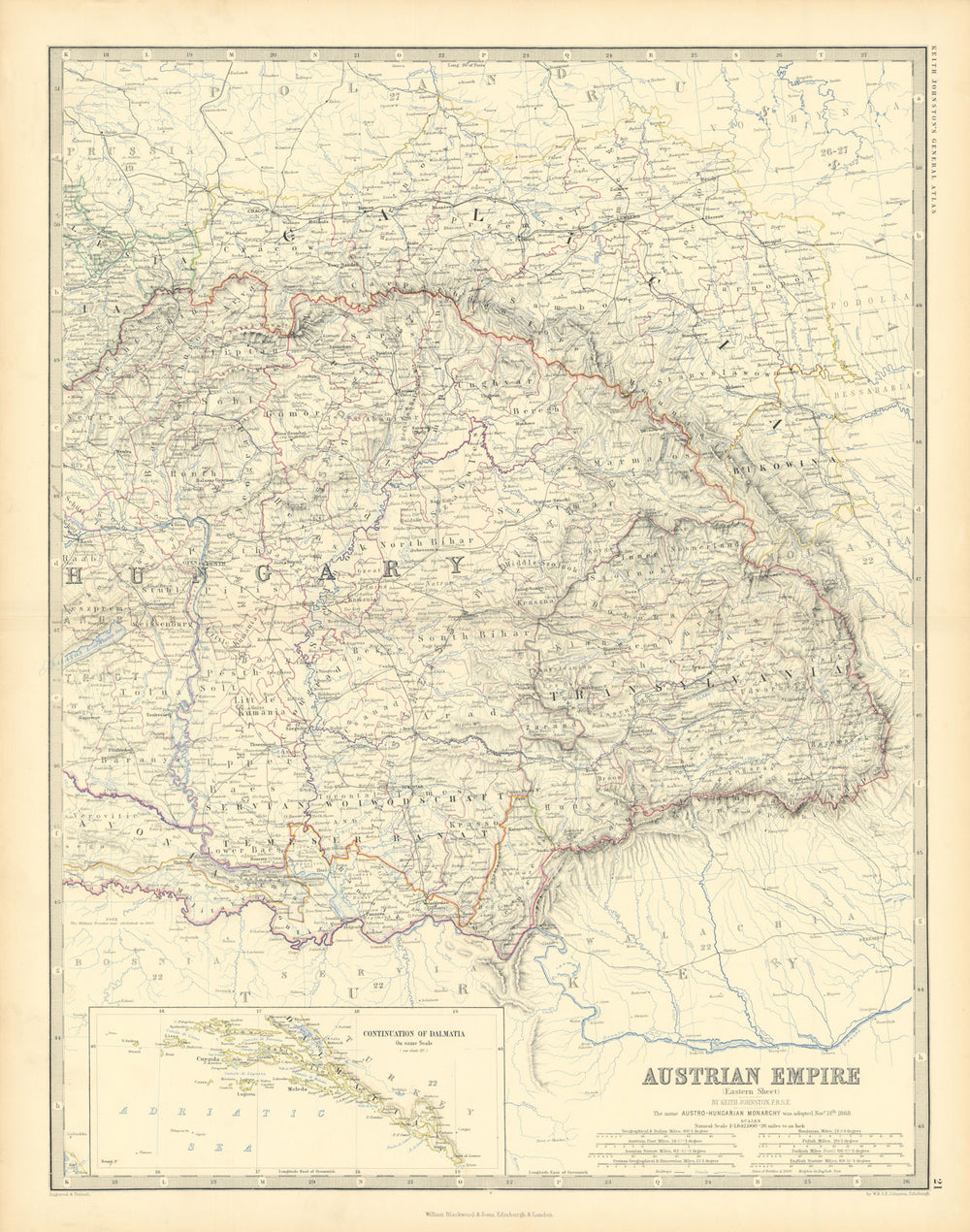 Austro-Hungarian Monarchy (East) Hungary Transylvania 50x60cm. JOHNSTON 1876 map