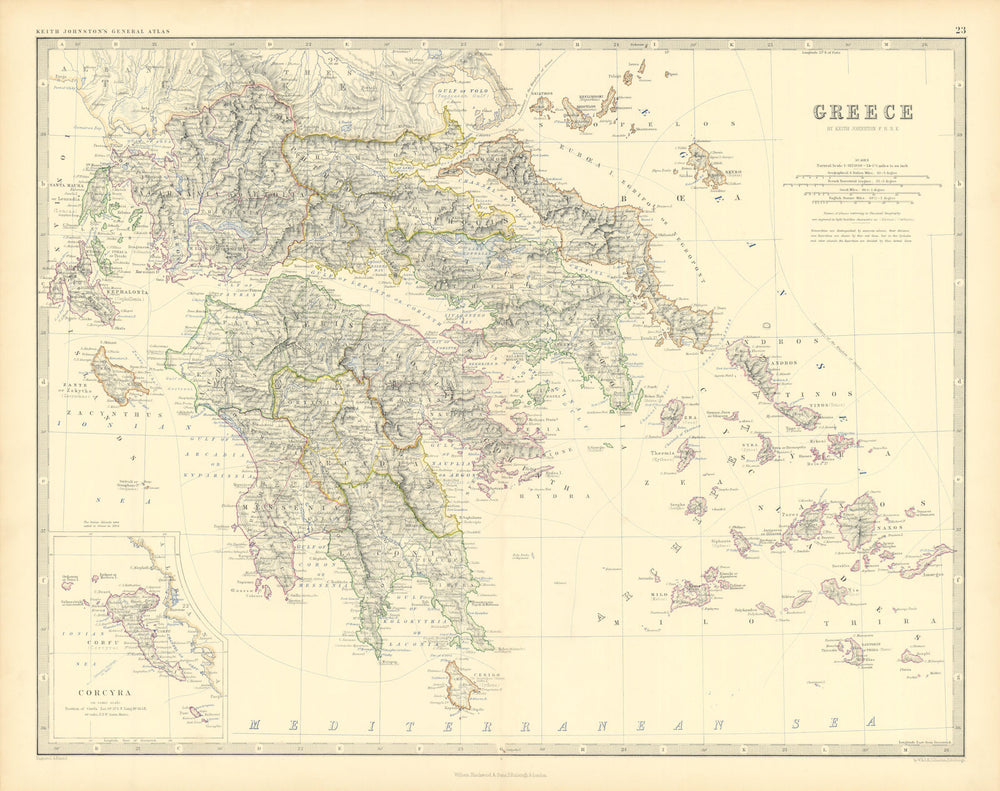 Greece Cyclades Saronic Sporades Ionian islands Aegean 50x60cm JOHNSTON 1876 map