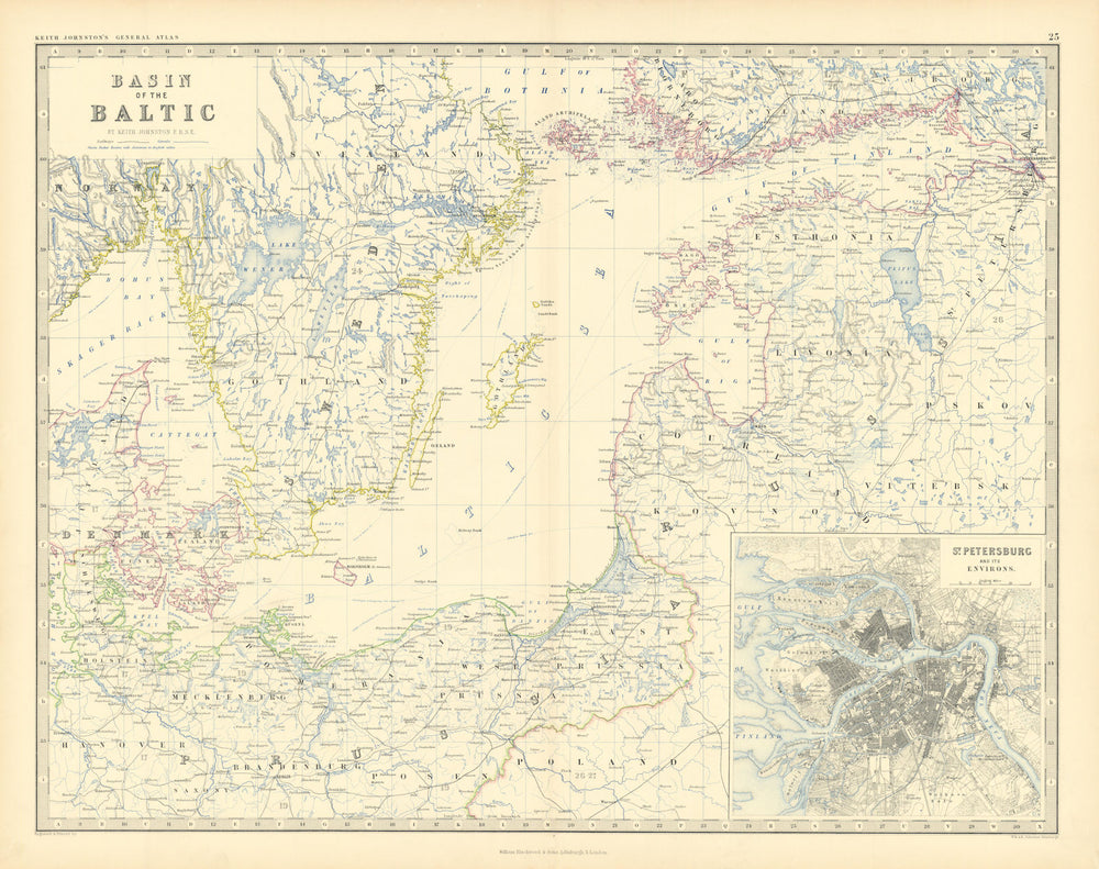 Baltic Sea. Latvia Lithuania Estonia St Petersburg. 50x60cm. JOHNSTON 1876 map
