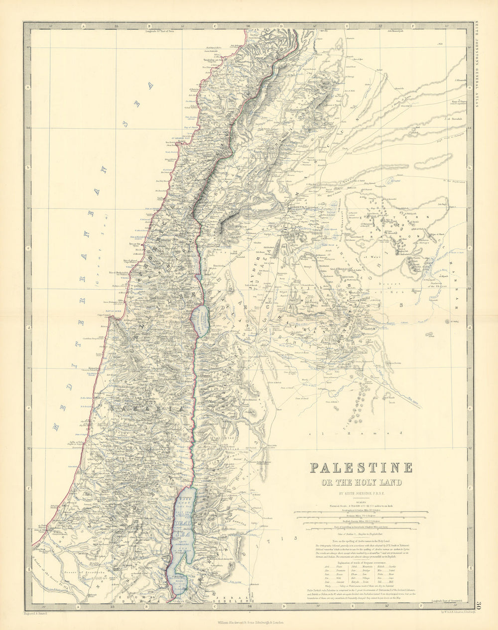 Palestine or the Holy Land including Lebanon 50x60cm. JOHNSTON 1876 old map