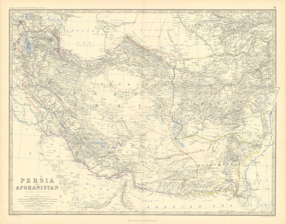 Persia and Afghanistan. Iran Beluchistan SW Asia. 50x60cm. JOHNSTON 1876 map