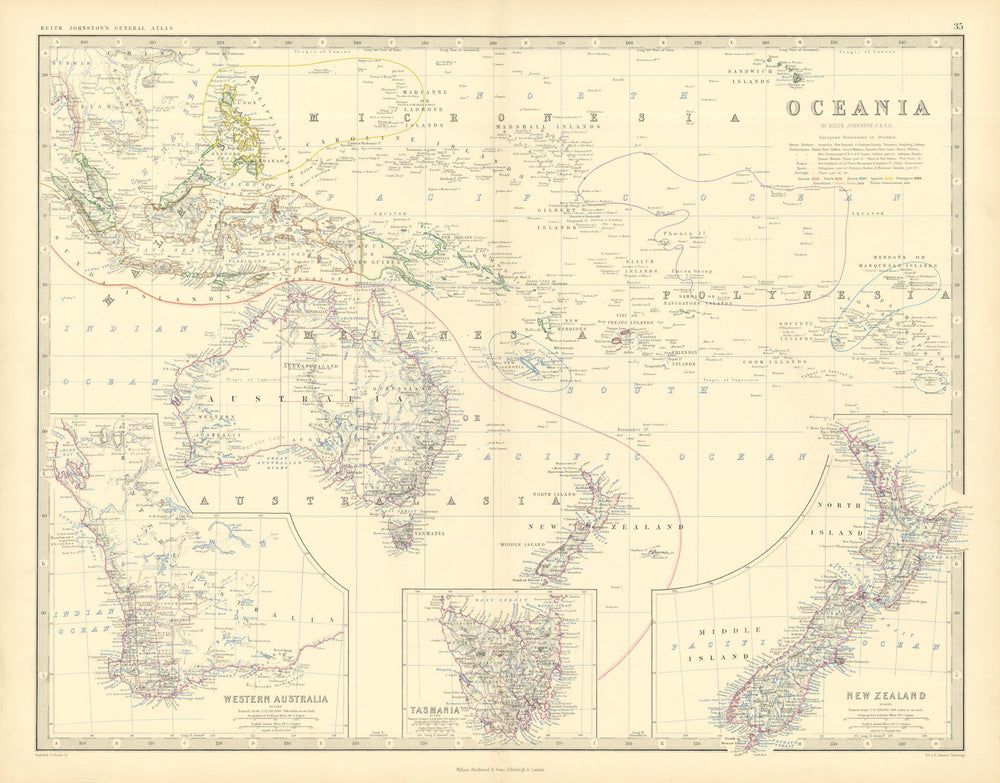 Oceania. Western Australia. Tasmania. New Zealand. 50x60cm. JOHNSTON 1876 map