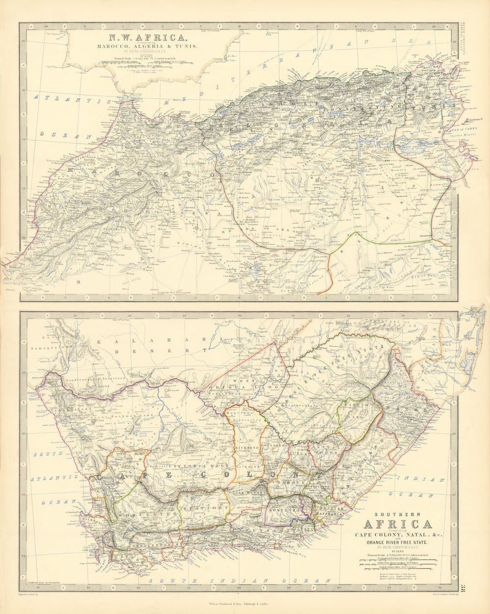 NW Africa Morocco Algeria South Africa Cape Colony 50x60cm JOHNSTON 1876 map