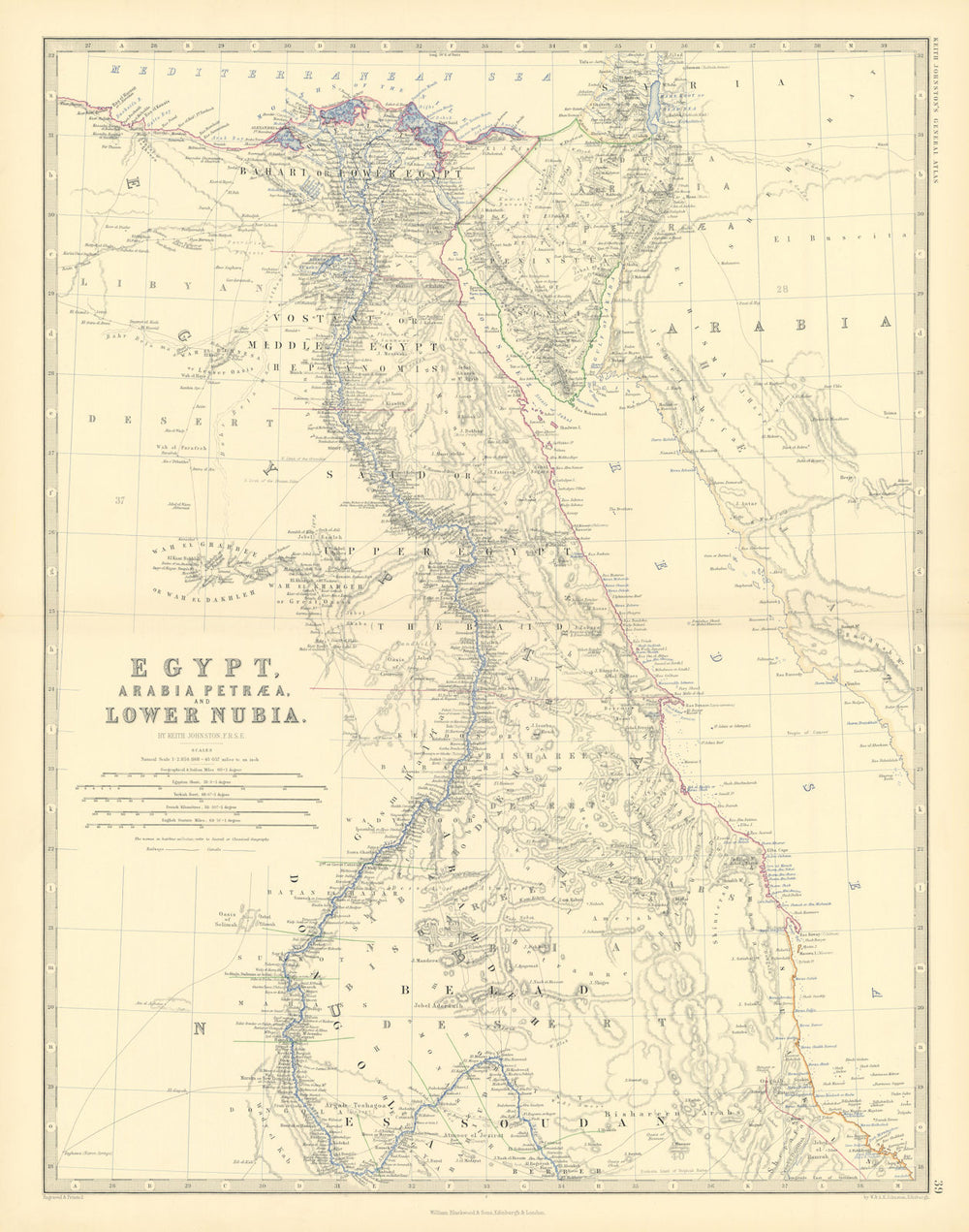 Egypt, Arabia Petraea & Lower Nubia. Nile valley. 50x60cm. JOHNSTON 1876 map