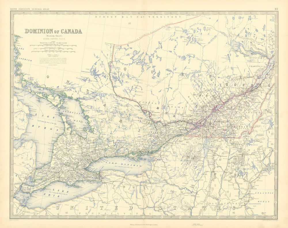 Dominion of Canada (West). Ontario Quebec. 50x60cm. JOHNSTON 1876 old map