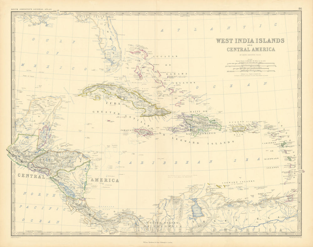 West India Islands & Central America. Caribbean. 50x60cm. JOHNSTON 1876 map