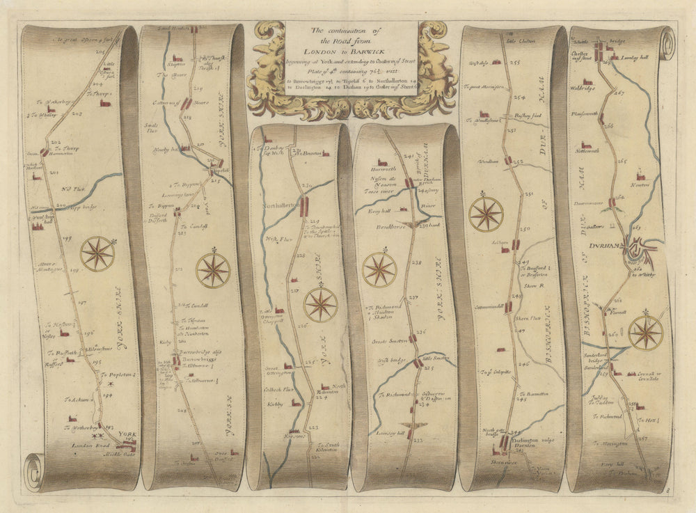 York-Northallerton-Darlington-Durham-Chester/Street OGILBY road map #8 1675