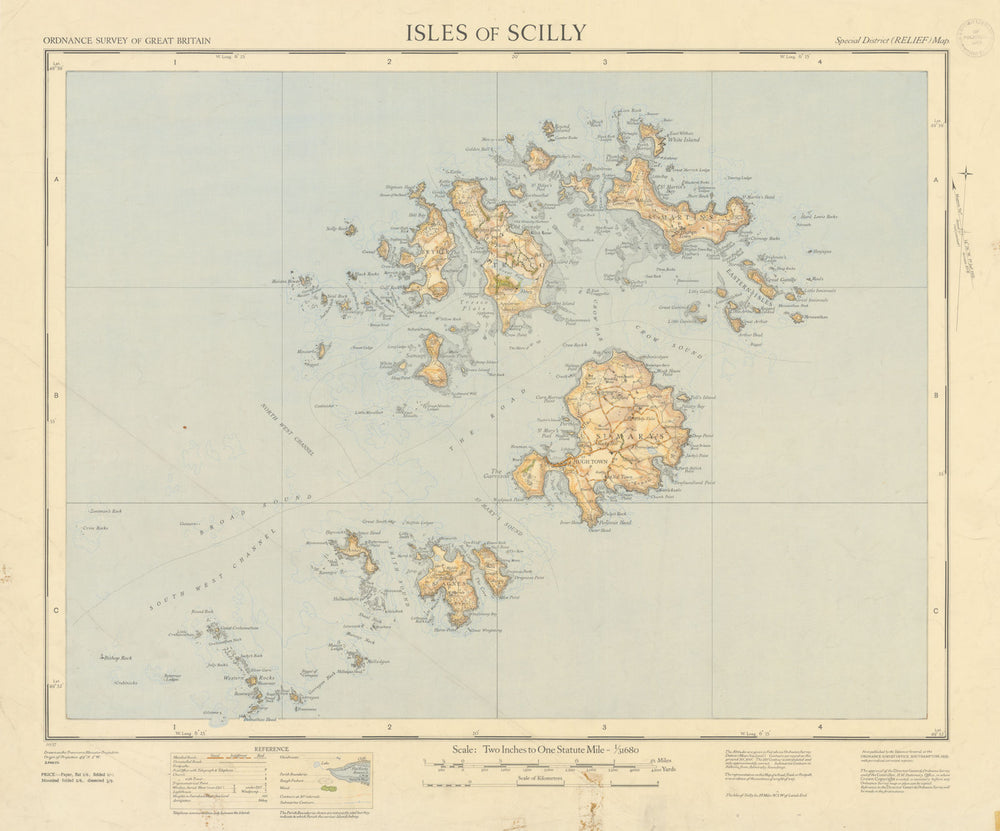 Scilly Isles Ordnance Survey map sheet 55x65cm 1937 old vintage plan chart