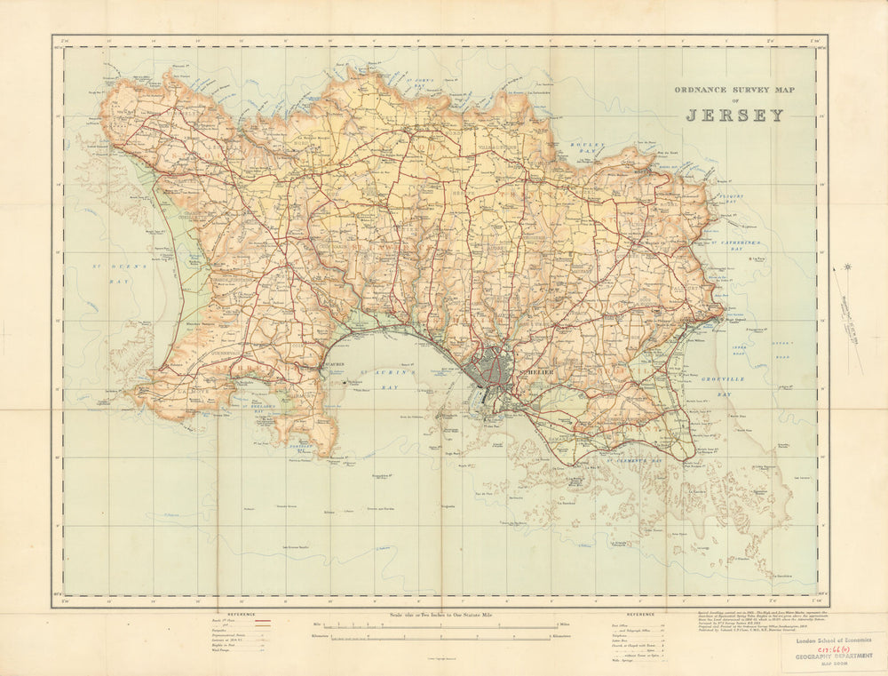 Ordnance Survey map of Jersey, Channel Islands 58x76cm 1914 old antique