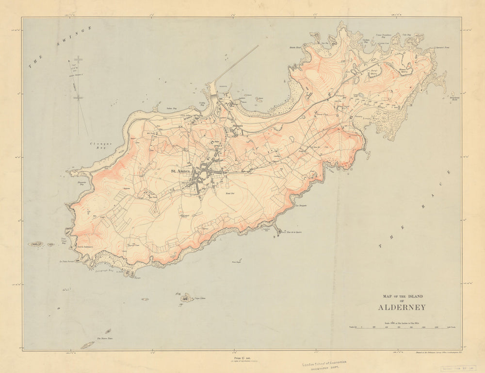 Ordnance Survey map of the Island of Alderney, Channel Islands 61x67cm 1911