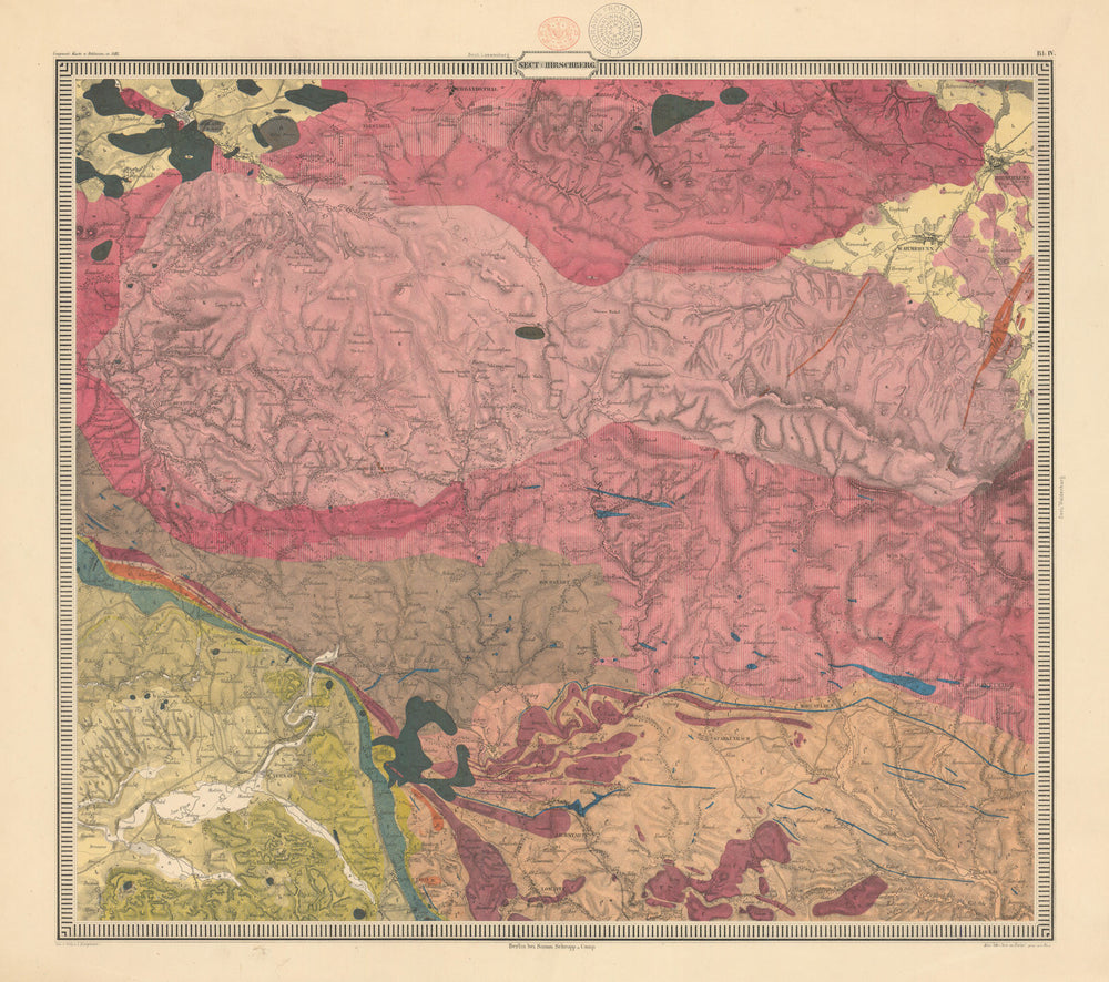 Lower Silesia Geological map #4 Hirschberg/Jelenia Góra Poland. CARNALL 1860