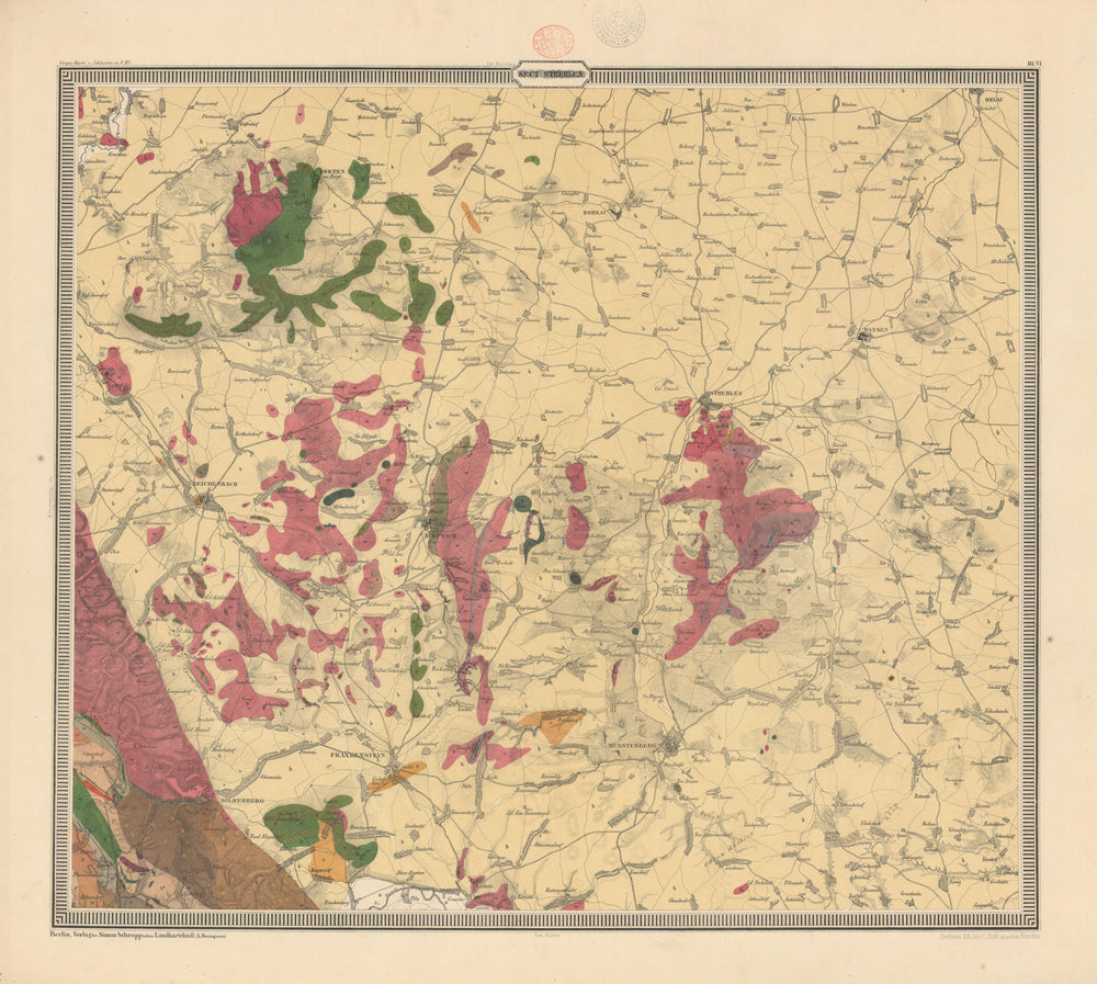 Lower Silesia Geological map #6 Strehlem / Strzelin Poland 55x63cm CARNALL 1860