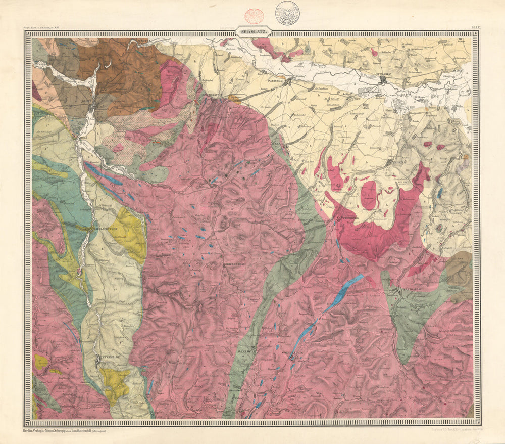 Lower Silesia Geological map #9 Glatz / Kłodzko Poland 55x62cm CARNALL 1860