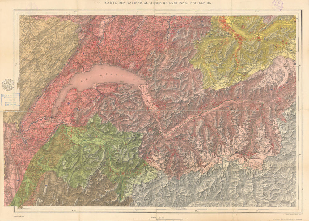 Carte des Anciens Glaciers de la Suisse #3 W Switzerland & Haute-Savoie 1883 map